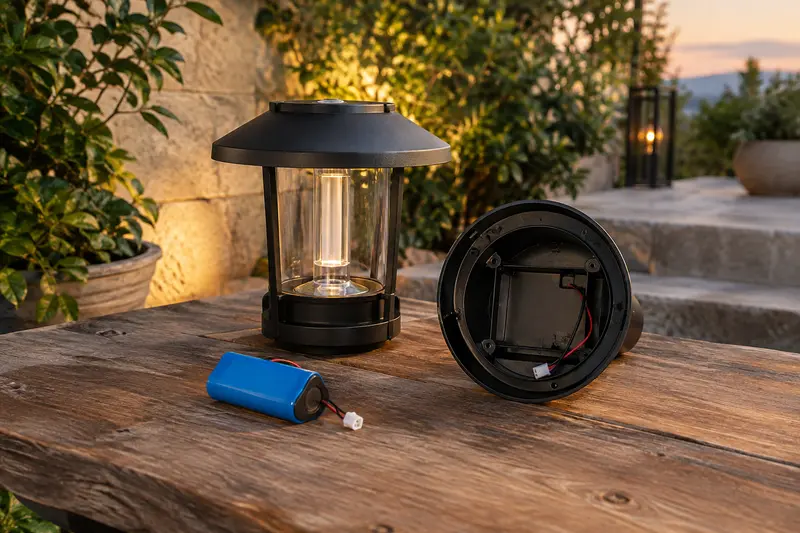 Batterie rechargeable posée près du compartiment d’une lampe solaire extérieure