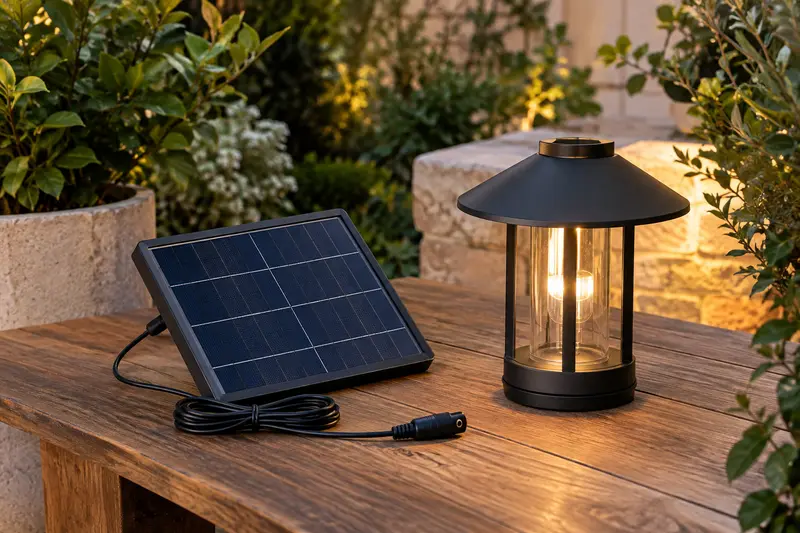 Panneau solaire de rechange avec câble posé près d’un luminaire de jardin