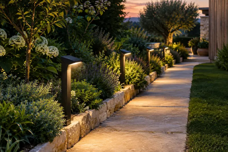 Bornes solaires alignées le long d’une allée bordée de plantes
