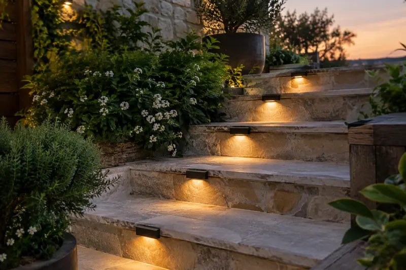 Lampes solaires fixées aux contremarches d’un escalier extérieur en pierre