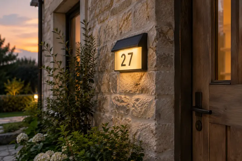 Plaque solaire lumineuse avec numéro de maison fixée près d’une entrée