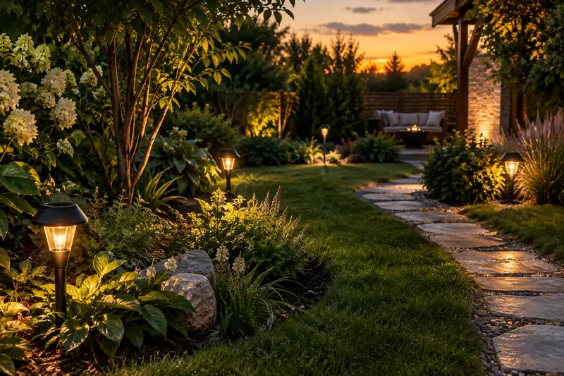 Luminaires solaires éclairant des massifs et une allée dans un jardin au crépuscule