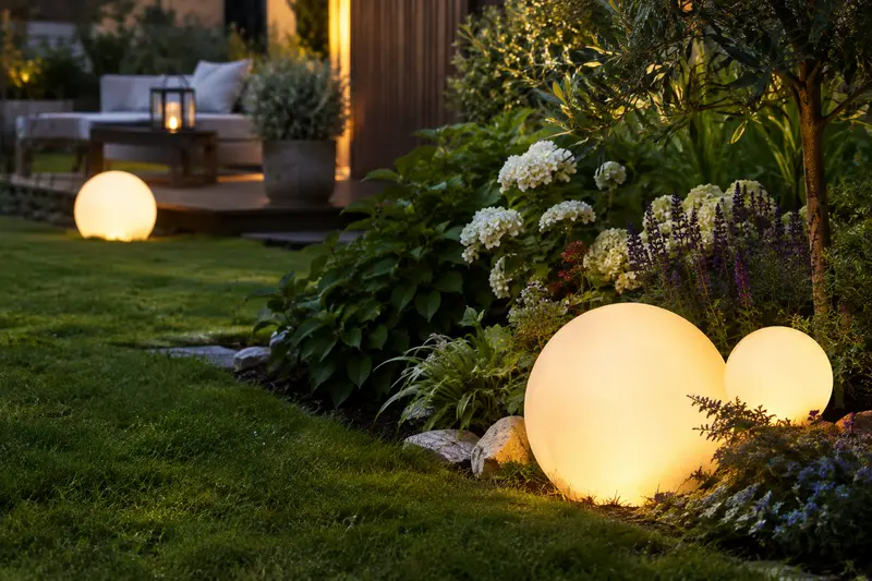 Globes solaires lumineux disposés dans une pelouse bordée de plantes