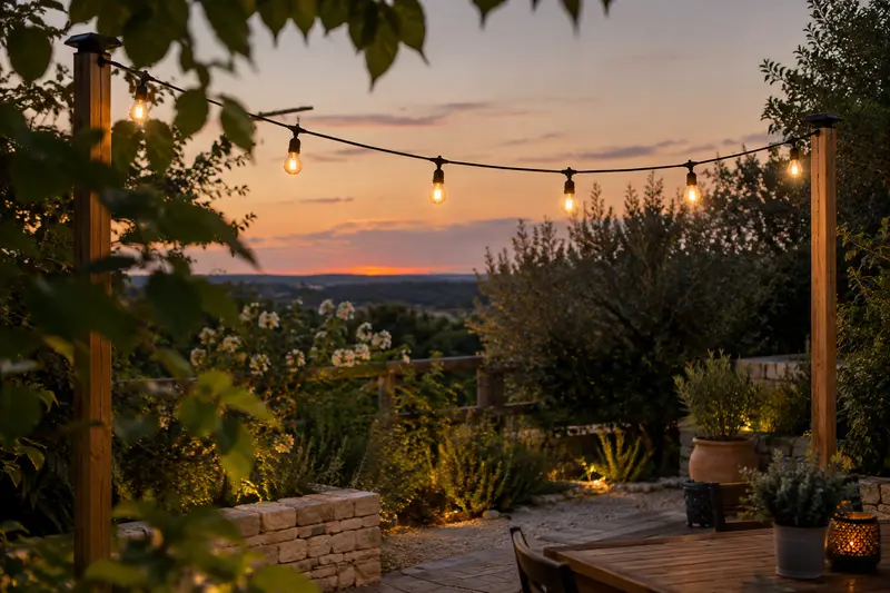 Guirlande solaire allumée au-dessus d’une terrasse bordée de végétation