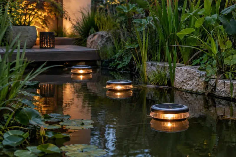 Lampes solaires flottantes diffusant des reflets lumineux sur un bassin