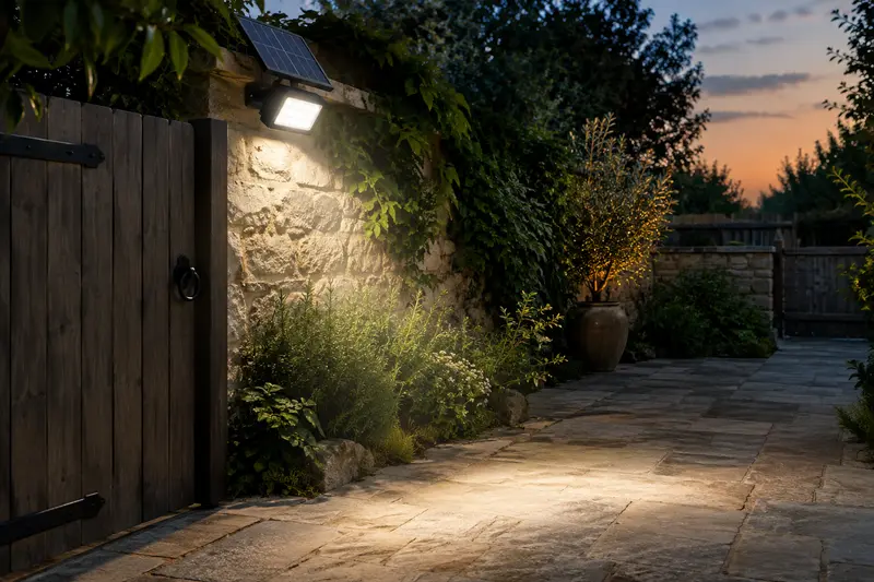 Projecteur solaire fixé près d’une porte et éclairant une cour de jardin