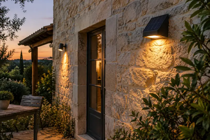 Applique et spot solaires fixés sur un mur de maison au crépuscule