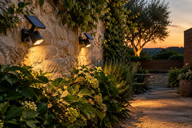 Spots solaires orientables fixés au mur et dirigés vers une allée végétalisée