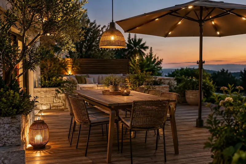 Lampes solaires allumées sur une terrasse en bois avec un parasol ouvert