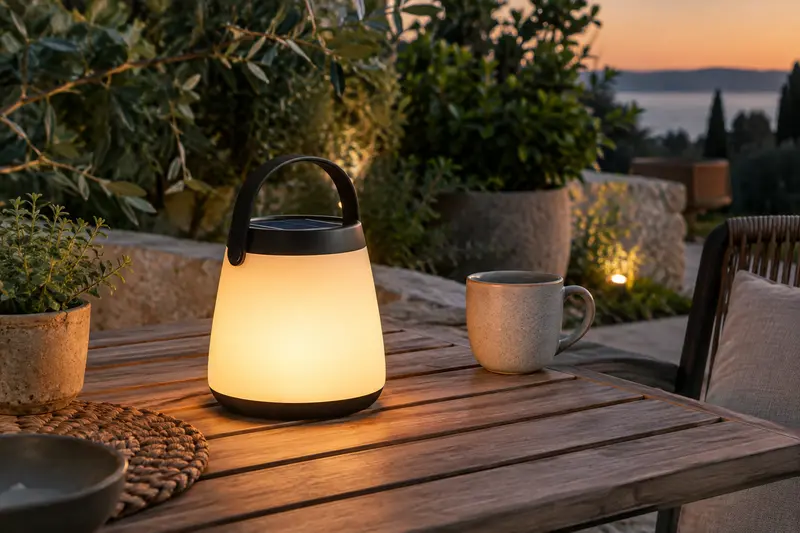Lampe solaire à poser allumée sur une table de terrasse en bois