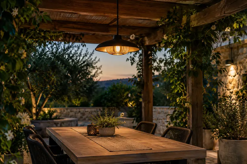 Suspension solaire allumée sous une pergola au-dessus d’une table de terrasse