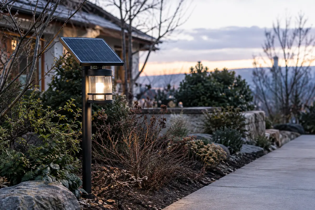 Lampe solaire de jardin et panneau dégagé dans une allée en hiver