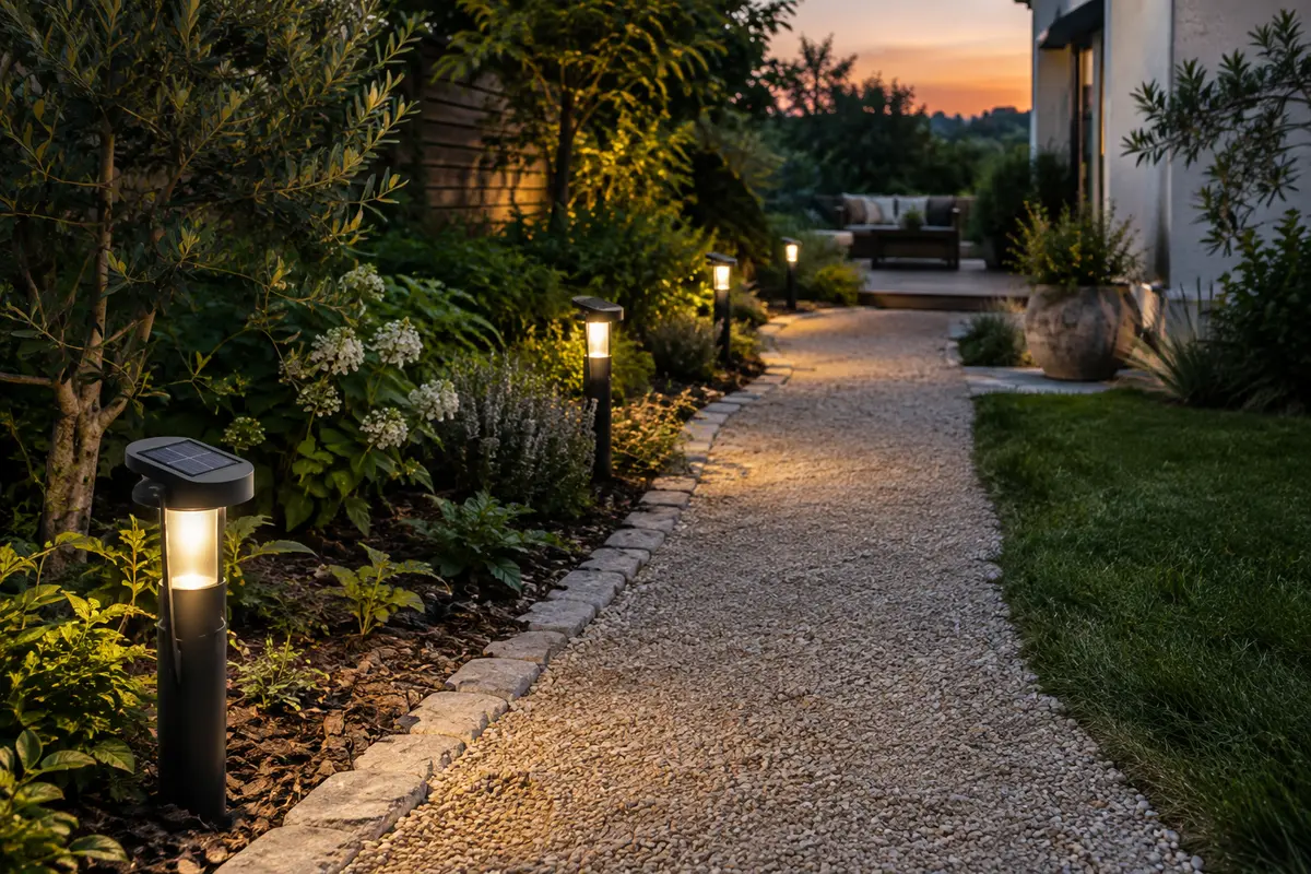 Bornes solaires disposées le long d’une allée de jardin au crépuscule
