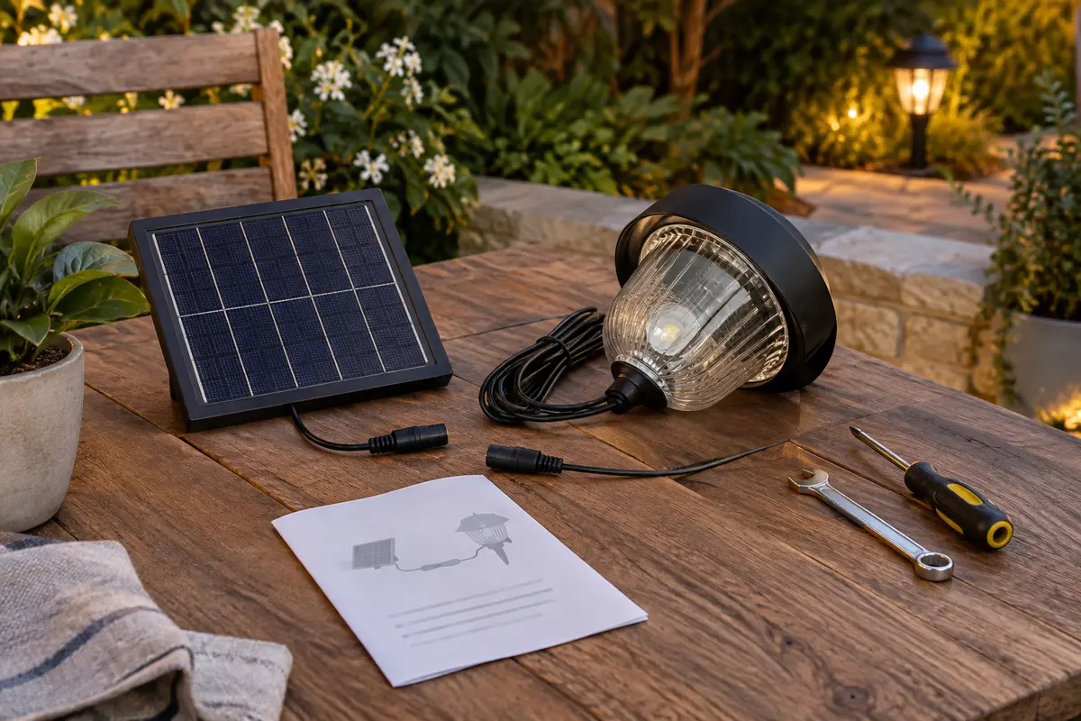 Panneau solaire de remplacement et luminaire de jardin avec connecteur et câble visibles