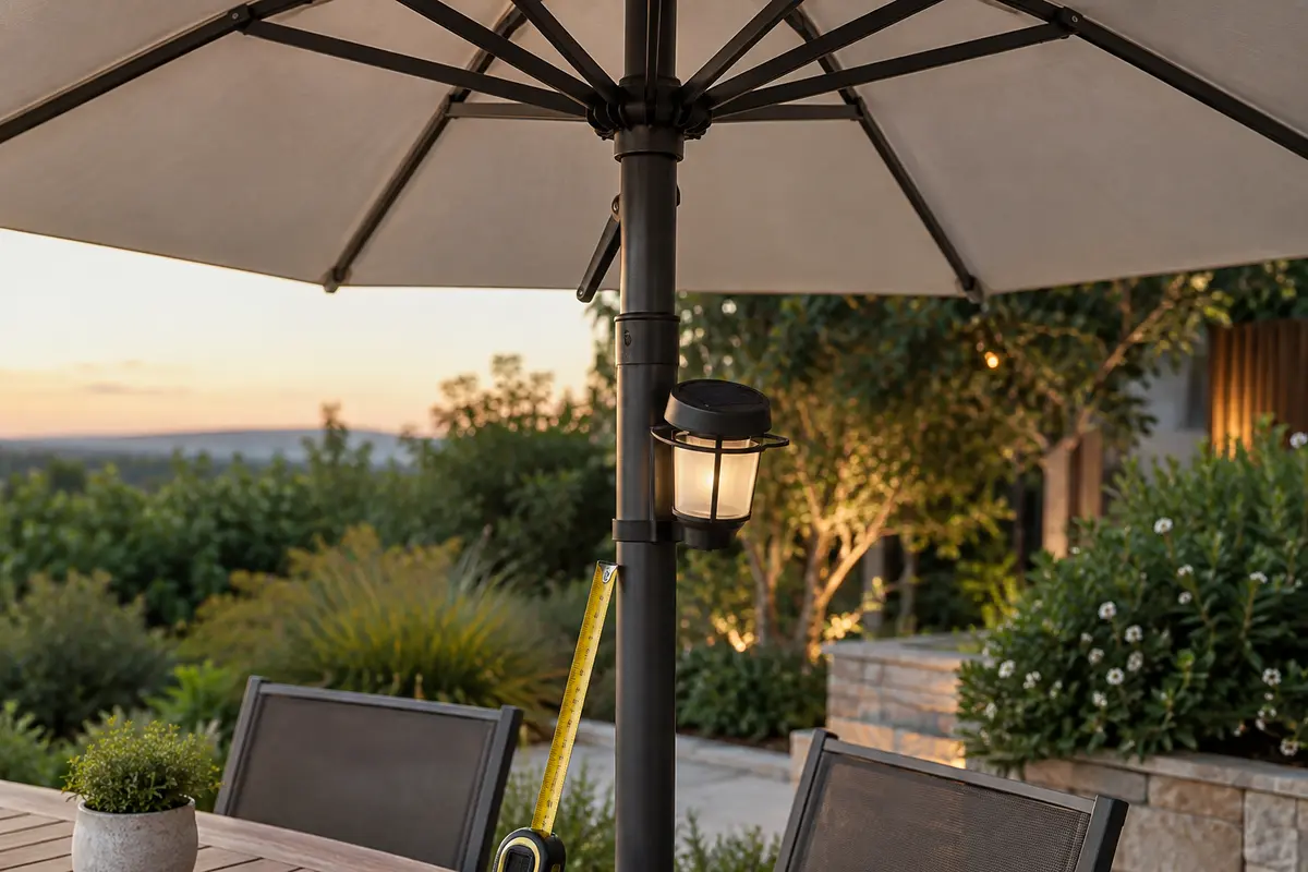 Mât et baleines d’un parasol avec une lampe solaire et un mètre ruban de mesure