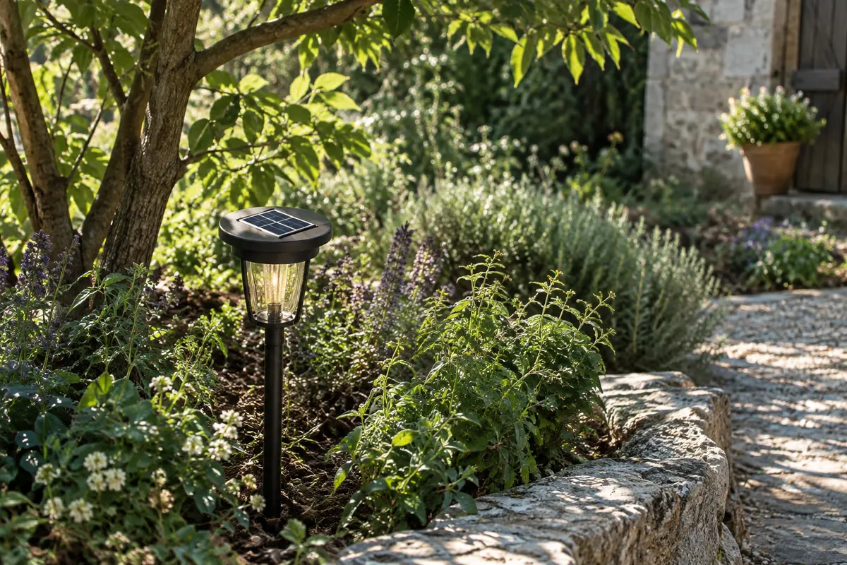 Panneau d’un éclairage solaire de jardin recevant des rayons filtrés par des arbres clairsemés