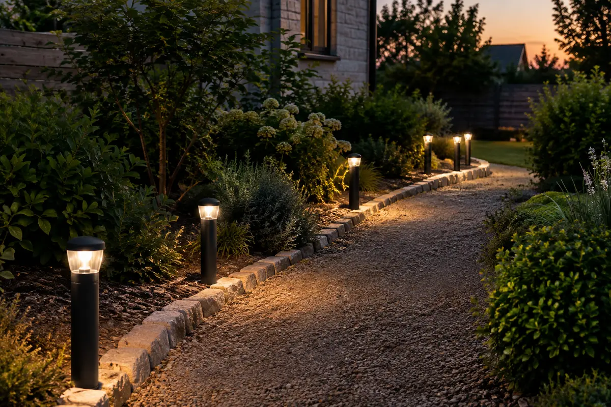Bornes solaires espacées le long d’une allée de jardin, avec un éclairage continu près d’un virage.