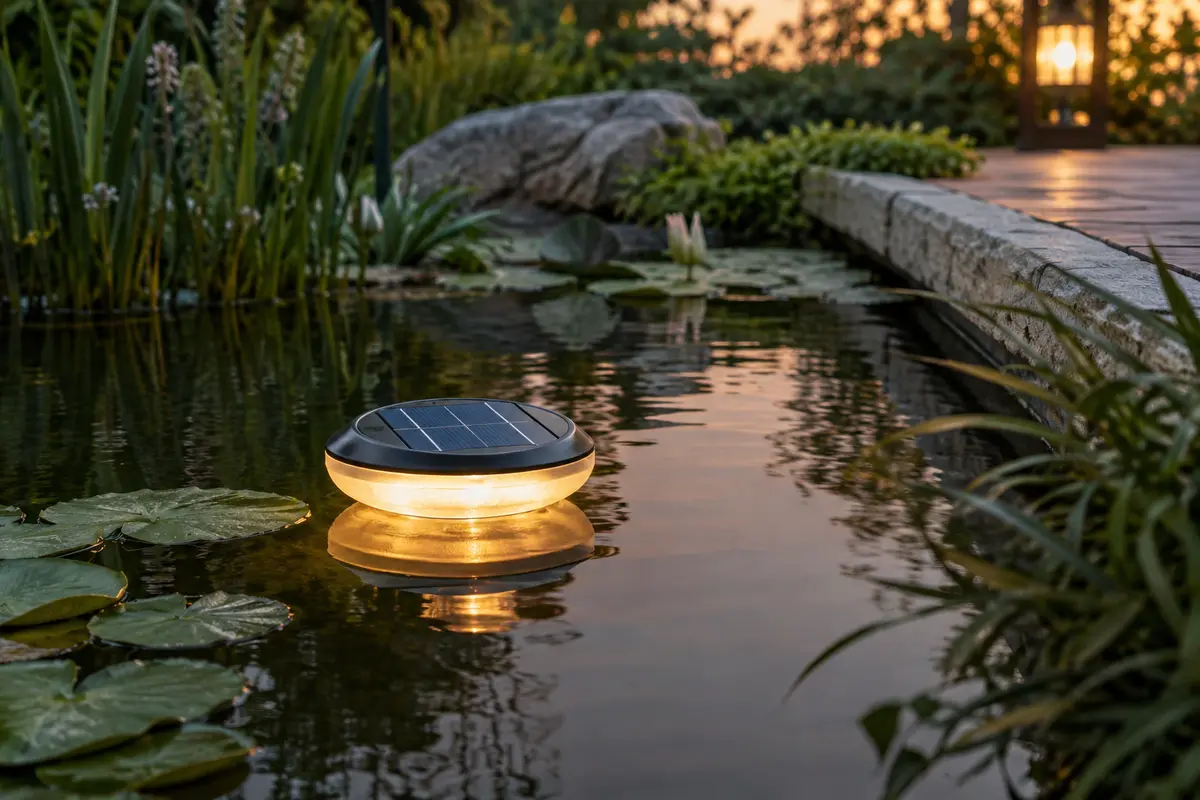 Lampe solaire flottante éclairée à la surface d’un bassin de jardin au crépuscule