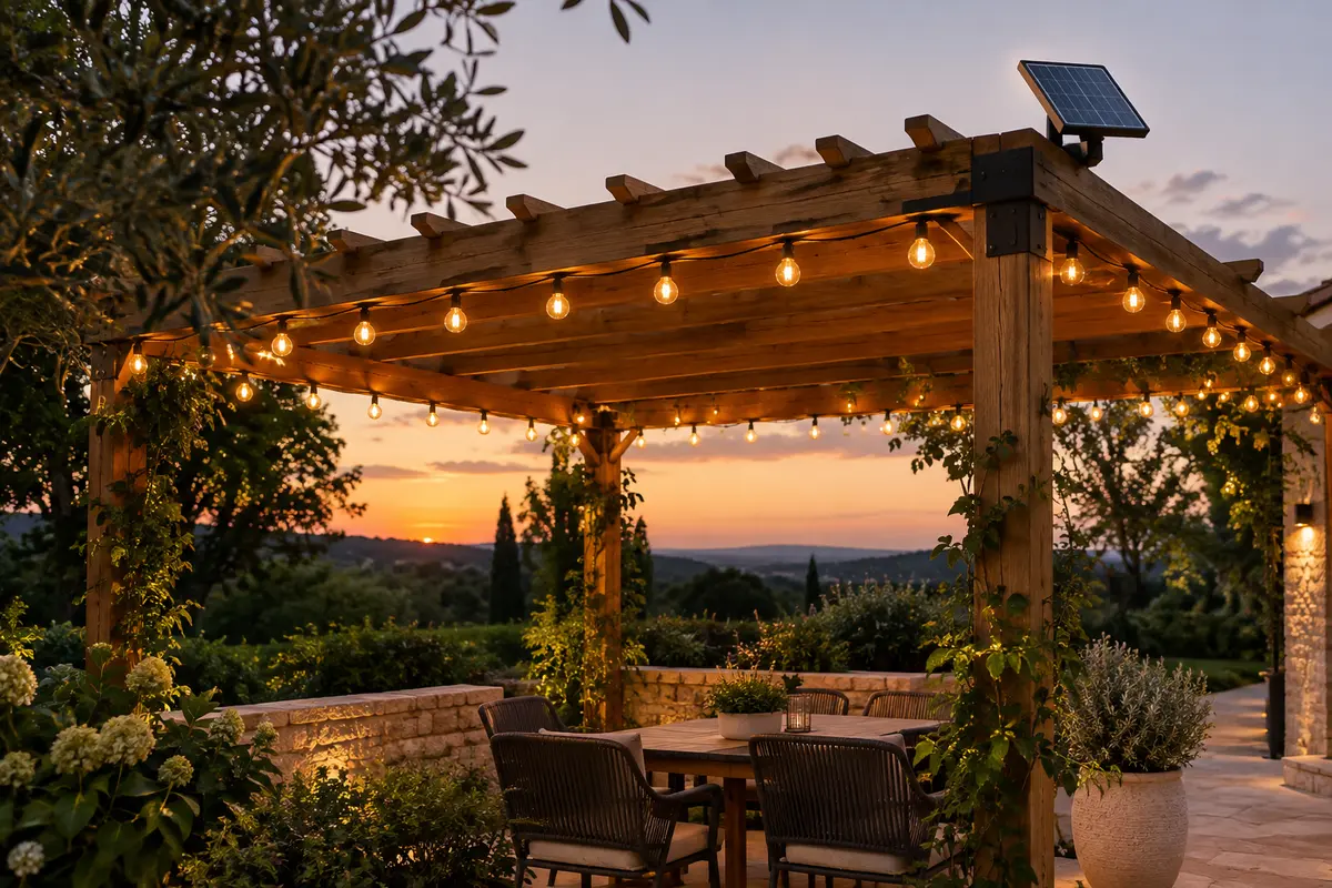 Guirlande solaire fixée aux poutres d’une pergola, avec panneau placé à l’écart de la zone de repas.