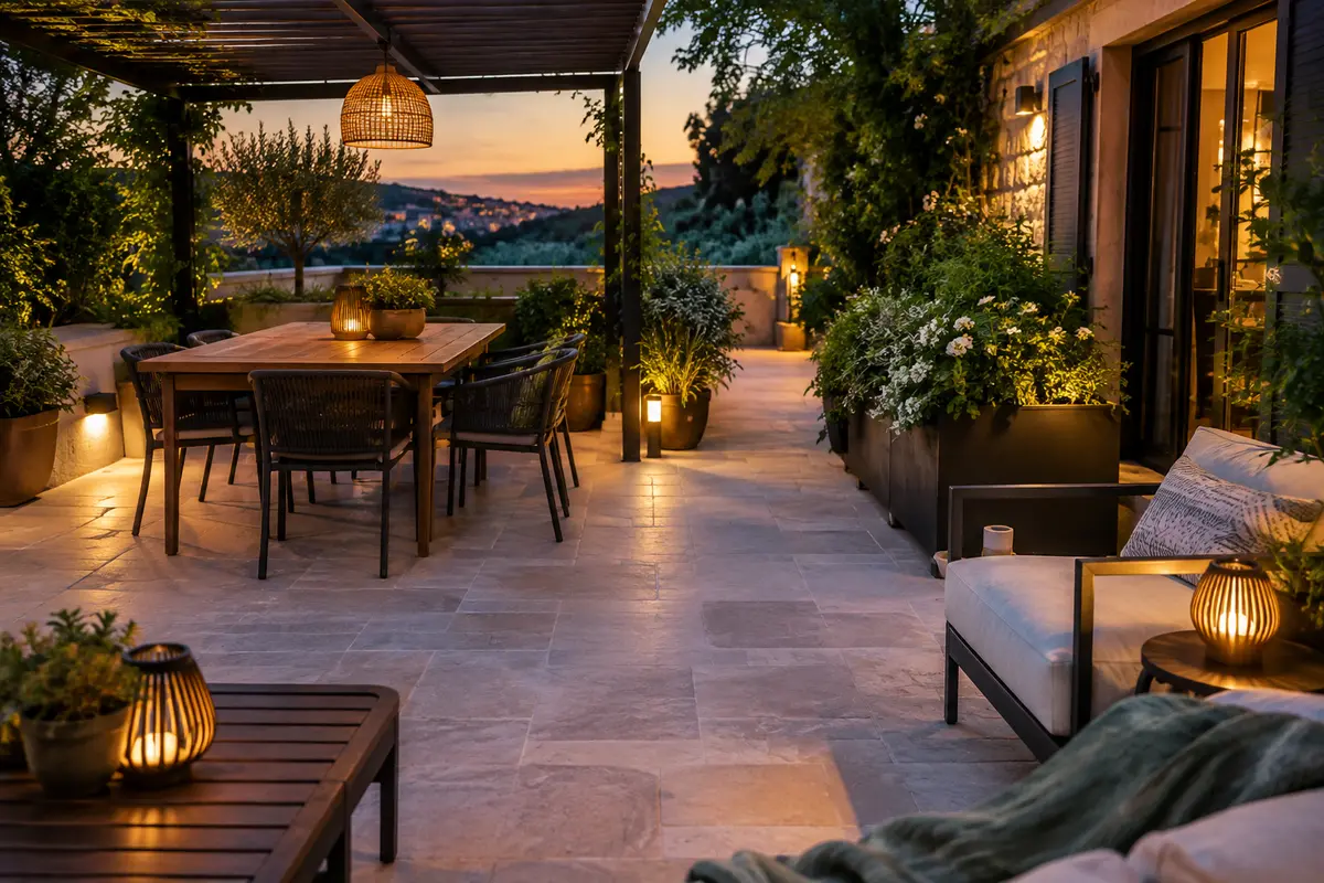 Terrasse au crépuscule avec table, assises et lampes solaires réparties autour des zones d’usage