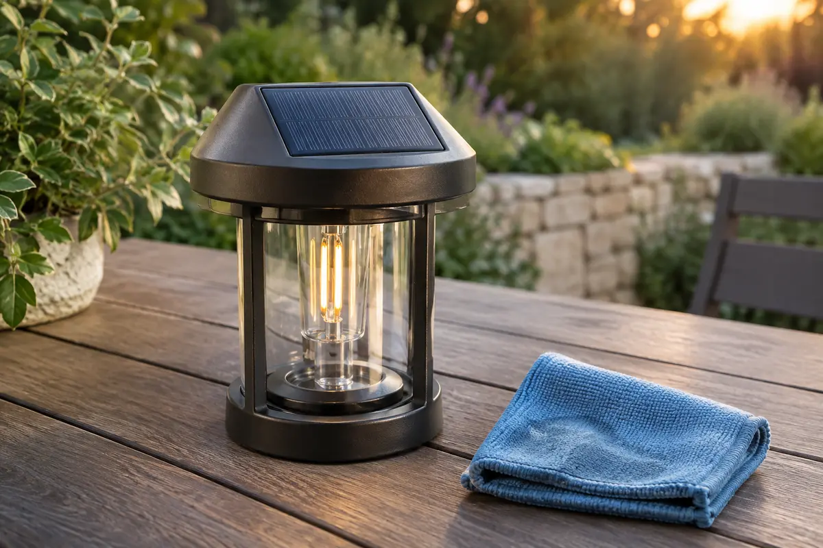 Panneau propre d’une lampe solaire de jardin et chiffon doux posé à côté