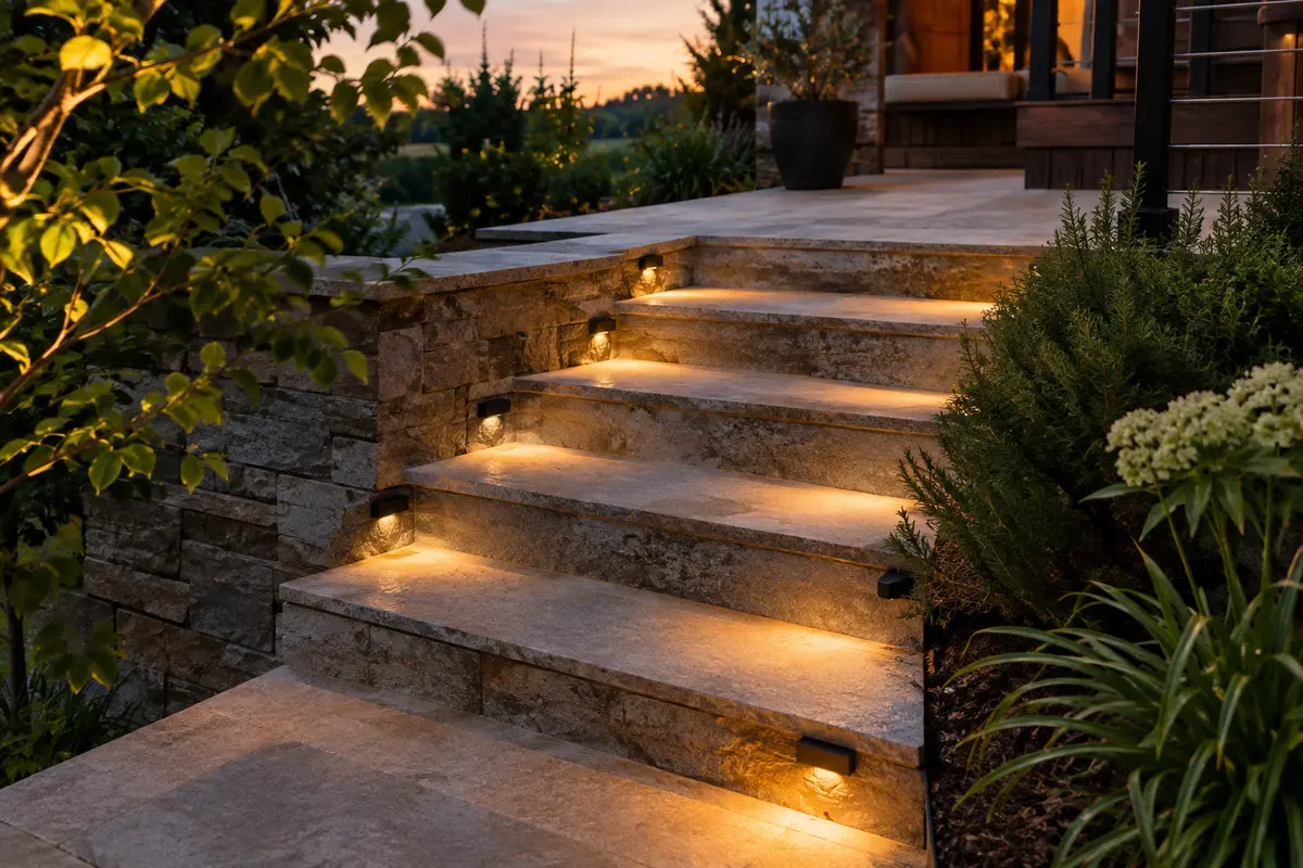 Escalier de jardin éclairé par de petites lampes solaires fixées sur les contremarches.