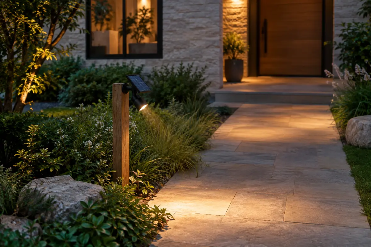 Projecteur solaire fixé sur un poteau de bois bas, orienté vers le sol pour éclairer l’allée qui mène à la porte d’entrée