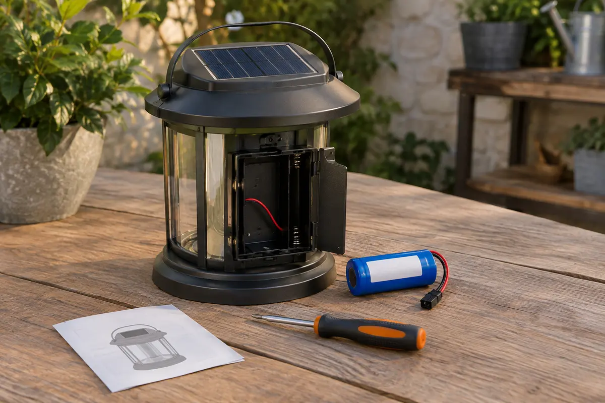 Lampe solaire ouverte avec batterie rechargeable retirée pour vérifier son format et ses caractéristiques