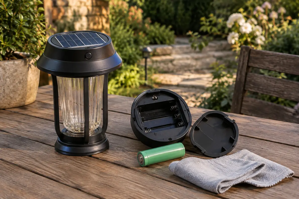 Lampe solaire de jardin inspectée avec son panneau propre et sa batterie rechargeable à côté