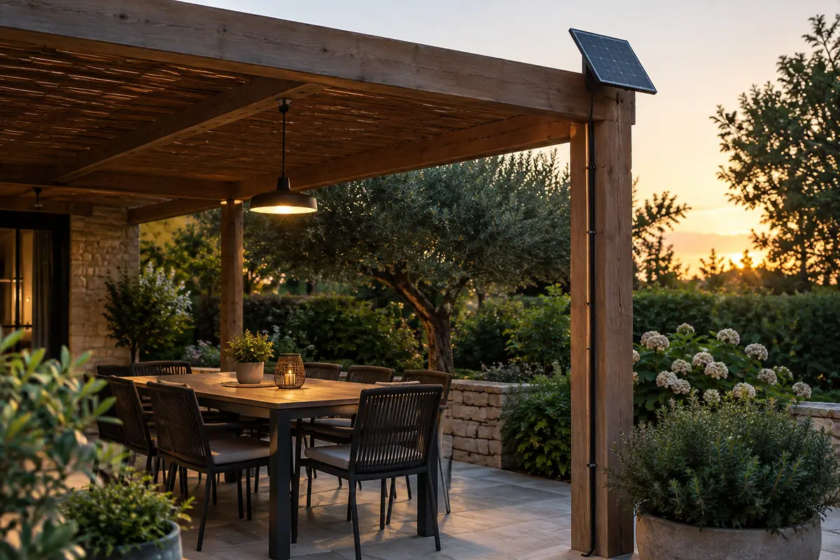 Suspension solaire sous une pergola avec panneau déporté installé dans une zone ensoleillée