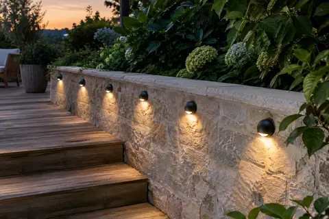 Six appliques solaires noires éclairent un muret et des marches de jardin au crépuscule.