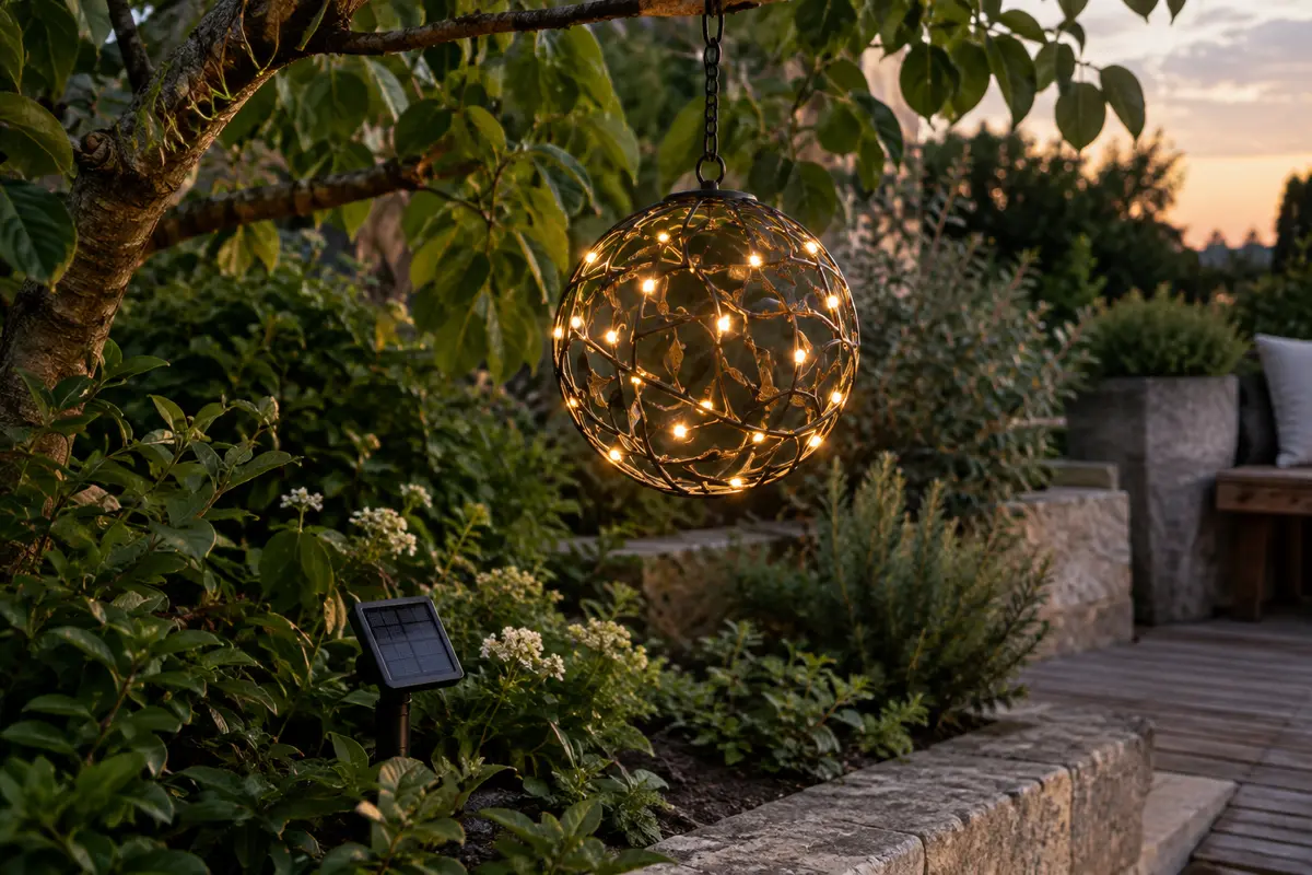 Boule solaire ajourée en fer, éclairée en blanc chaud et suspendue dans un jardin au crépuscule.