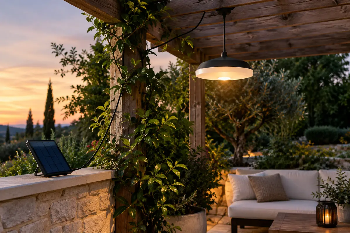Suspension solaire noire et blanche sous une pergola, avec panneau déporté sur une terrasse au crépuscule.