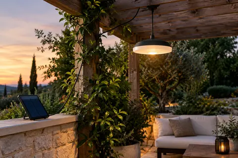 Suspension solaire noire et blanche sous une pergola, avec panneau déporté sur une terrasse au crépuscule.