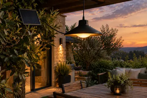 Suspension solaire extérieure sur une terrasse au crépuscule, avec son panneau solaire déporté près du feuillage.