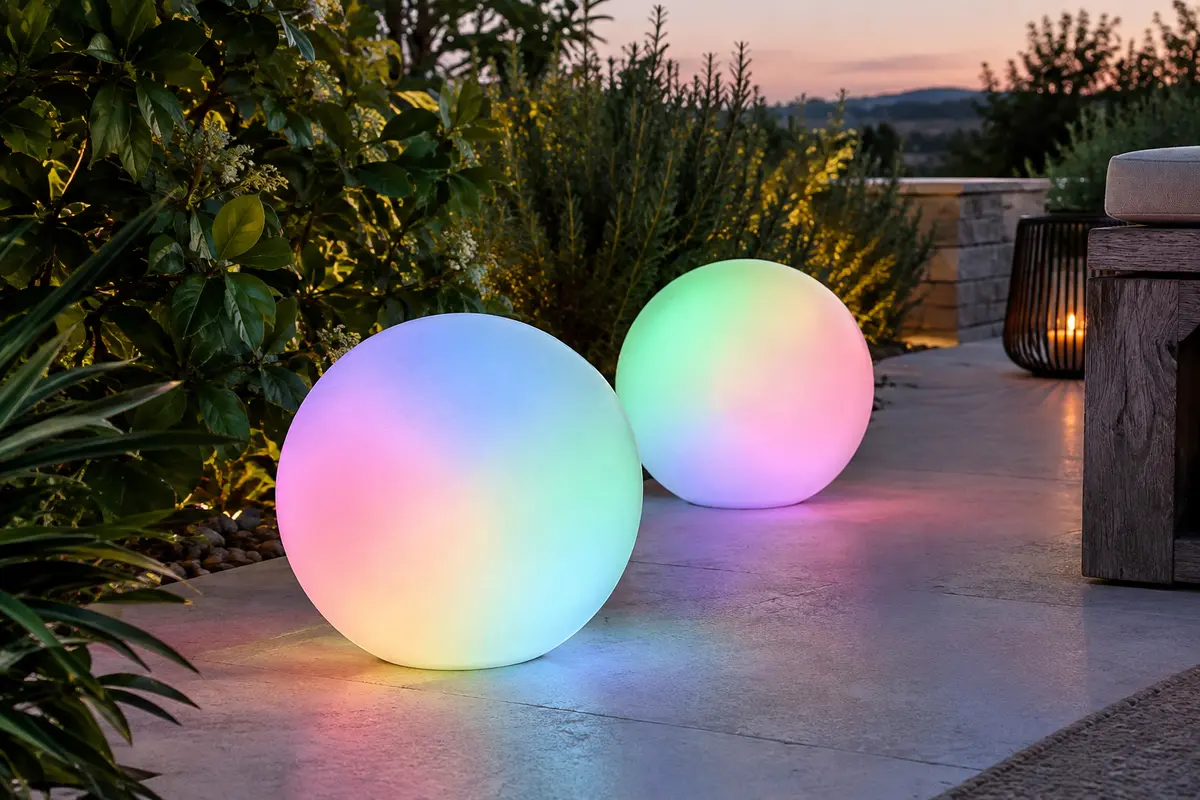 Deux boules solaires sphériques diffusent une lumière RVB dans un jardin au crépuscule.