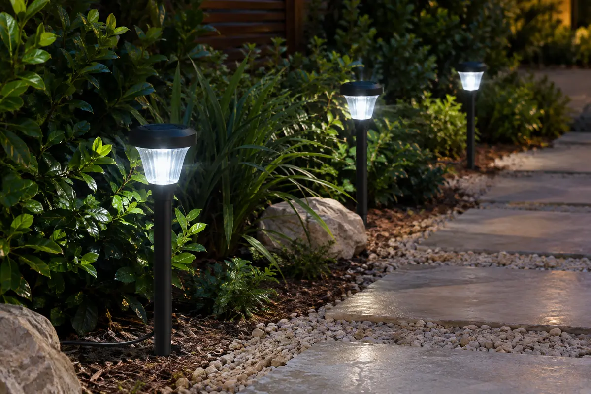 Trois spots solaires à piquer éclairent un chemin de jardin au crépuscule.