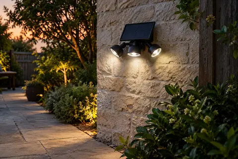 Projecteur solaire mural noir à trois têtes orientables installé près d’une allée de jardin au crépuscule.