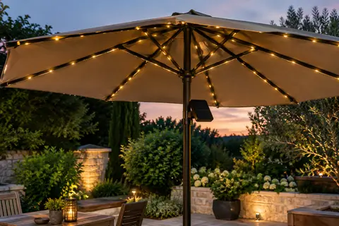 Guirlande solaire blanc chaud fixée aux baleines d’un parasol de terrasse au crépuscule