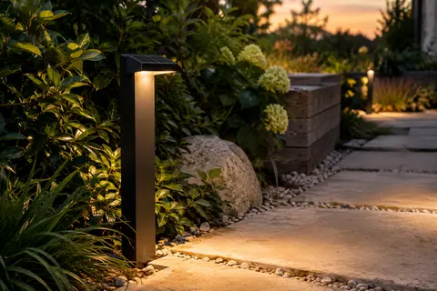 Borne solaire noire Arum Benidorm installée près d’une allée de jardin au crépuscule.