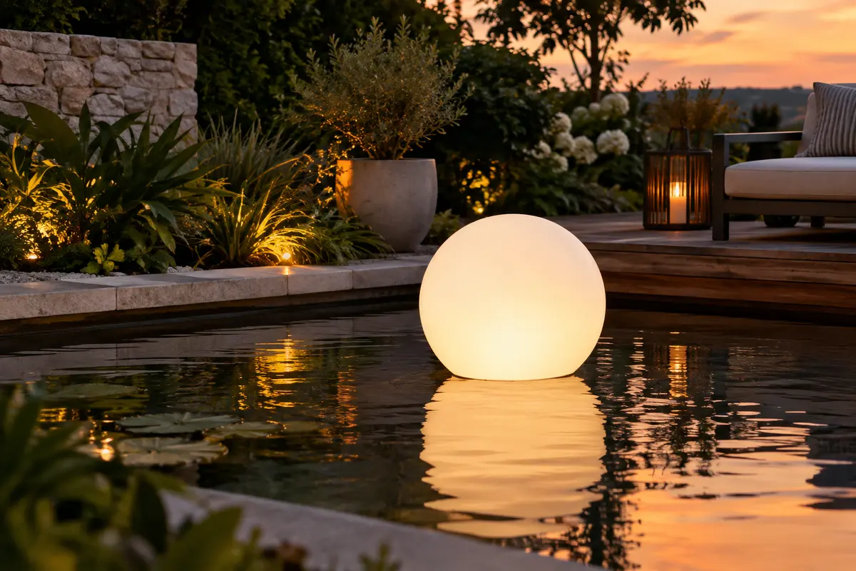 Lampe solaire sphérique blanc chaud flottant sur un bassin de jardin au crépuscule