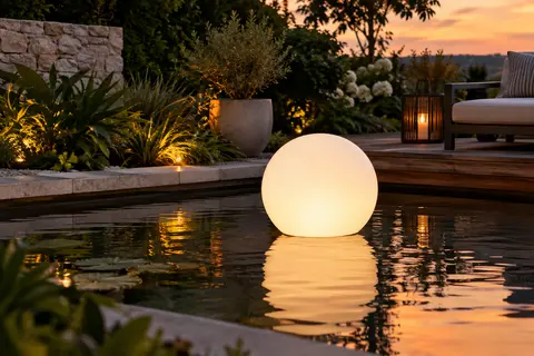 Lampe solaire sphérique blanc chaud flottant sur un bassin de jardin au crépuscule