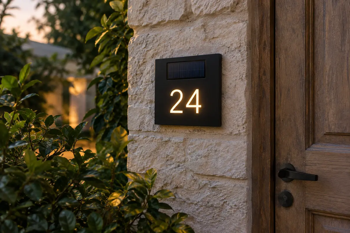 Plaque d’adresse carrée noire fixée sur un mur de pierre près d’une porte d’entrée, son numéro gravé rétroéclairé au crépuscule.