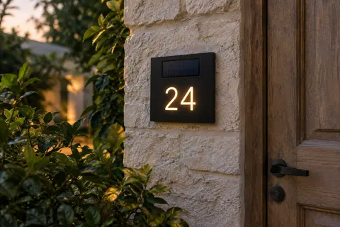 Plaque d’adresse carrée noire fixée sur un mur de pierre près d’une porte d’entrée, son numéro gravé rétroéclairé au crépuscule.