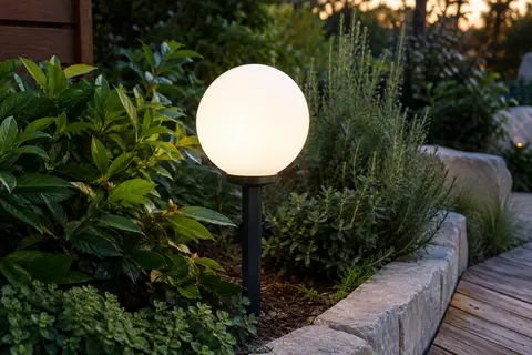 Boule solaire blanche sur piquet dans un massif de jardin, diffusant une lumière douce au crépuscule.