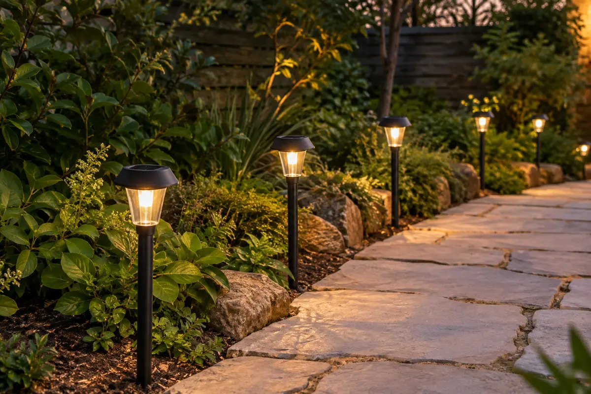 Bornes solaires noires à LED blanc chaud plantées le long d’une allée bordée de feuillages.