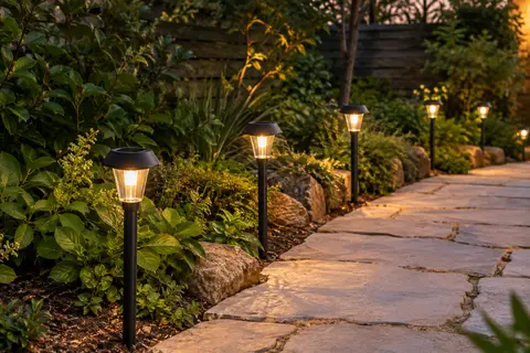 Bornes solaires noires à LED blanc chaud plantées le long d’une allée bordée de feuillages.