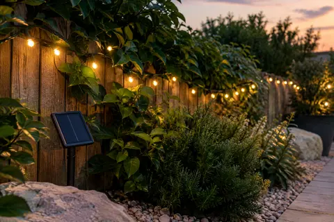 Deux guirlandes solaires blanc chaud illuminent une clôture en bois et le feuillage d’un jardin au crépuscule.