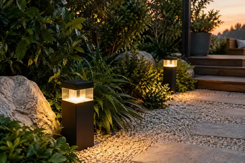 Deux bornes solaires carrées à lumière blanc chaud balisent une allée de jardin au crépuscule.
