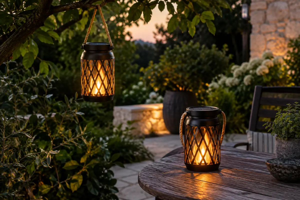 Deux lanternes solaires à flamme vacillante, l’une suspendue à une branche et l’autre posée sur une table de jardin.